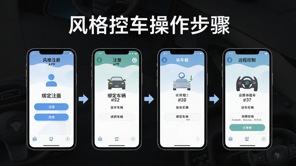 风格控车新手操作流程图,主体为手机屏幕显示风格控车APP从注册到绑定车辆再到远程控制的步骤界面,布局为四格步骤图横向排列,排版清晰,风格为扁平化教程风,细节包含箭头引导和步骤编号,画质高清,干净无多余元素,图片中文字显示'风格控车操作步骤'
