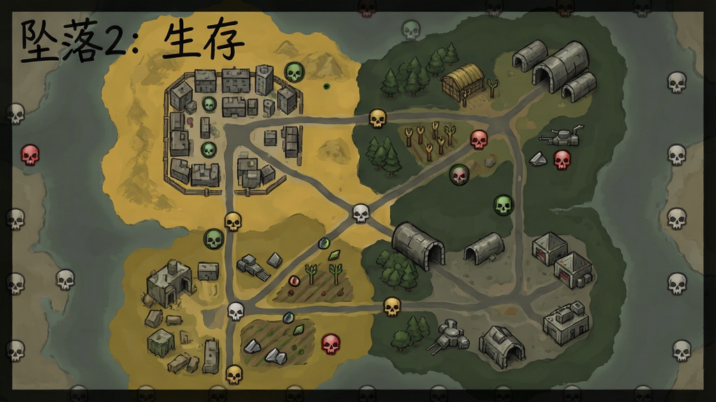 主体是一张俯视视角的末日开放世界地图,地图上标注了城市、农场、隧道和军事基地四个区域;布局为地图占满画面中央,四周用半透明黑色边框包裹;排版上