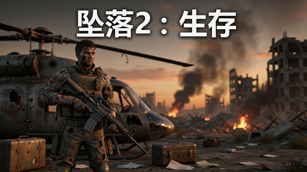 主体是一位身穿破损战术装备的幸存者站在坠毁的直升机残骸旁,背景是黄昏时分的荒芜城市废墟,远处有零星的火焰和浓烟;布局采用三分法构图,人物位于画面左侧,右侧留出废墟建筑与渐变天空;排版上游戏名称