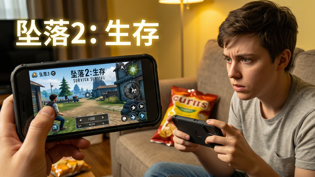 主体是一位新手玩家坐在沙发上手持手机游玩坠落2:生存,手机屏幕显示游戏内的生存界面;布局为人物位于画面右侧,左侧是游戏画面特写;排版上