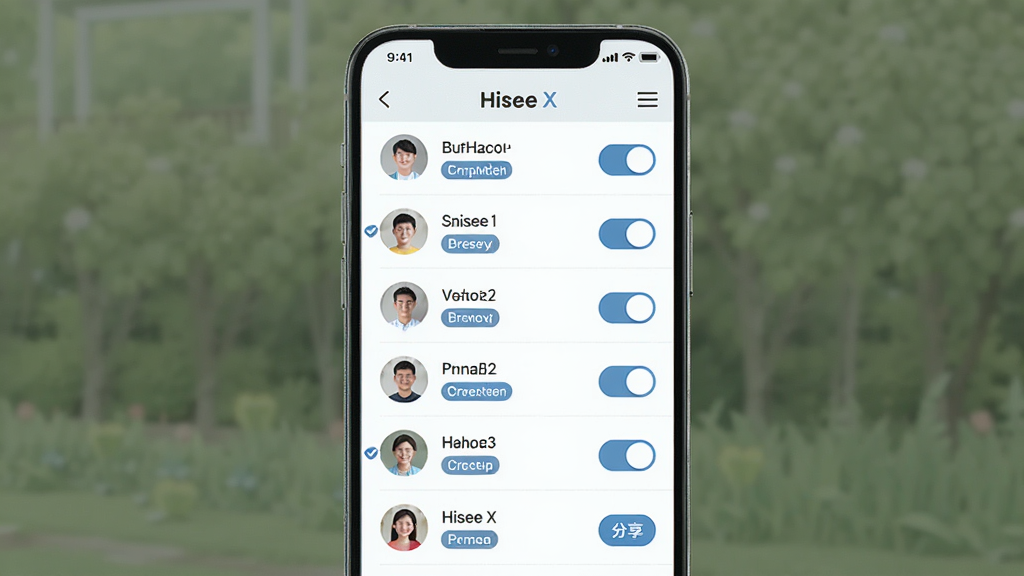 Hisee X 设备分享与权限管理示意图,主体为手机界面展示家庭成员列表与权限开关,布局为纵向列表、每行包含头像与权限标签,排版整齐清晰,风格为浅色系商务扁平风格,细节包括勾选图标、角色标签、分享按钮,画质高清、干净、无多余元素