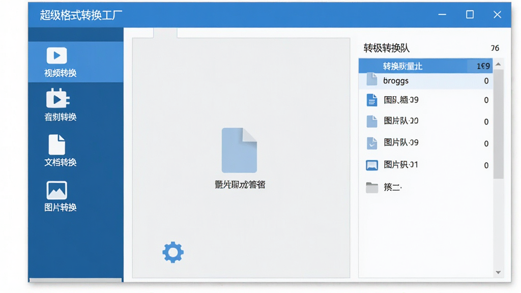 一张展示超级格式转换工厂软件界面的图片,画面中央是软件主界面,左侧为功能导航栏,包含视频转换、音频转换、文档转换、图片转换等图标,右侧为文件拖拽区域和转换队列,界面风格简洁现代,以蓝白配色为主,背景干净无多余元素,画质清晰,细节丰富,整体呈现专业软件工具的氛围