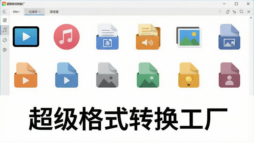 一张展示超级格式转换工厂支持多种格式的图片,画面以软件界面为背景,界面上方排列着各类格式图标,包括视频、音频、文档、图片等类别,图标下方有“超级格式转换工厂”字样,整体布局清晰有序,风格简洁专业,色彩柔和,画质干净,无多余装饰元素