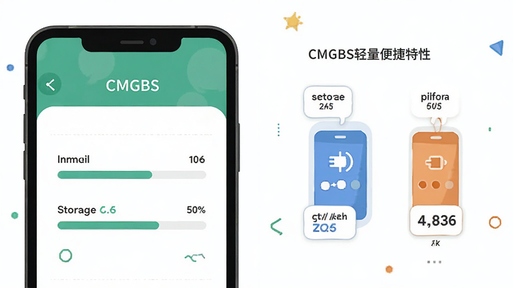 一张体现CMGBS轻量便捷特性的图片,主体为手机屏幕中显示CMGBS安装界面与存储占用对比,布局为上下结构,排版清爽,风格为扁平化插画风,细节包括进度条与存储空间图标,画质高清,干净,无多余元素