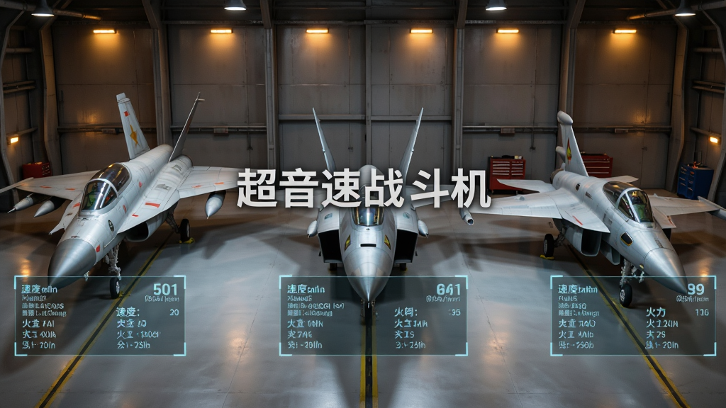 画面展示机库场景,三架不同型号的超音速战斗机并排停放,从左到右依次为三角翼机型、后掠翼机型和鸭翼布局机型,每架战机前方有半透明数据面板显示速度、机动性、火力等参数,背景是金属质感的机库墙壁与暖色照明灯,风格为科技军事风,画面干净整洁,画质细腻,图片中央用白色字体标注