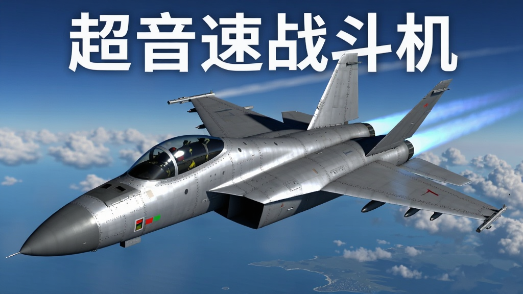 画面中央是一架银灰色超音速战斗机正在云层上方高速飞行,机身线条流畅,机翼后掠,尾部喷射出淡蓝色尾焰,背景是广阔的蓝天与零散白云,下方隐约可见海洋与海岸线,整体采用写实军事风格,细节刻画机身铆钉与座舱反光,画质清晰干净,无多余元素,图片上方用白色粗体字写着