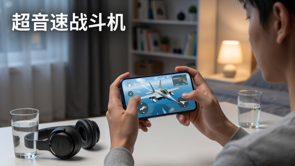 画面展示一名玩家坐在现代卧室的书桌前,手持智能手机横屏游玩超音速战斗机游戏,手机屏幕上显示战机飞行画面与虚拟摇杆,桌面上有耳机与一杯水,背景是书架与柔和灯光,风格为生活写实,画面干净整洁,画质清晰,图片左上角用白色字体写着