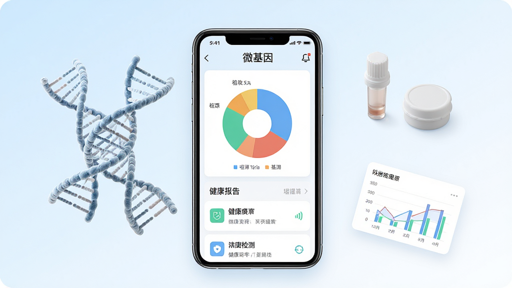 一张展示微基因App手机界面与基因检测概念的合成图,主体为竖直摆放的智能手机,屏幕内呈现微基因App的祖源饼图与健康报告列表,手机左侧漂浮DNA双螺旋结构模型,右侧散布唾液采集盒与数据图表卡片,背景为浅蓝到白色的柔和渐变,布局采用中心构图,风格为干净现代科技风,细节包含“微基因”三个中文字样与简洁图标,画质高清,画面干净,无多余元素。