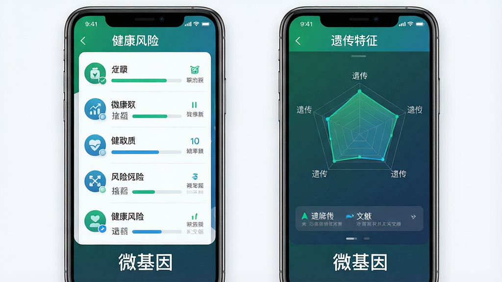 一张展示微基因健康报告界面的概念图,主体为两部并排的手机,左屏显示健康风险列表带小图标,右屏显示遗传特征雷达图,手机下方有“微基因”标识,布局为左右对称,风格为清爽医疗科技风,细节包含绿蓝配色、数据条与文献小字,画质高清,画面干净,无多余元素。
