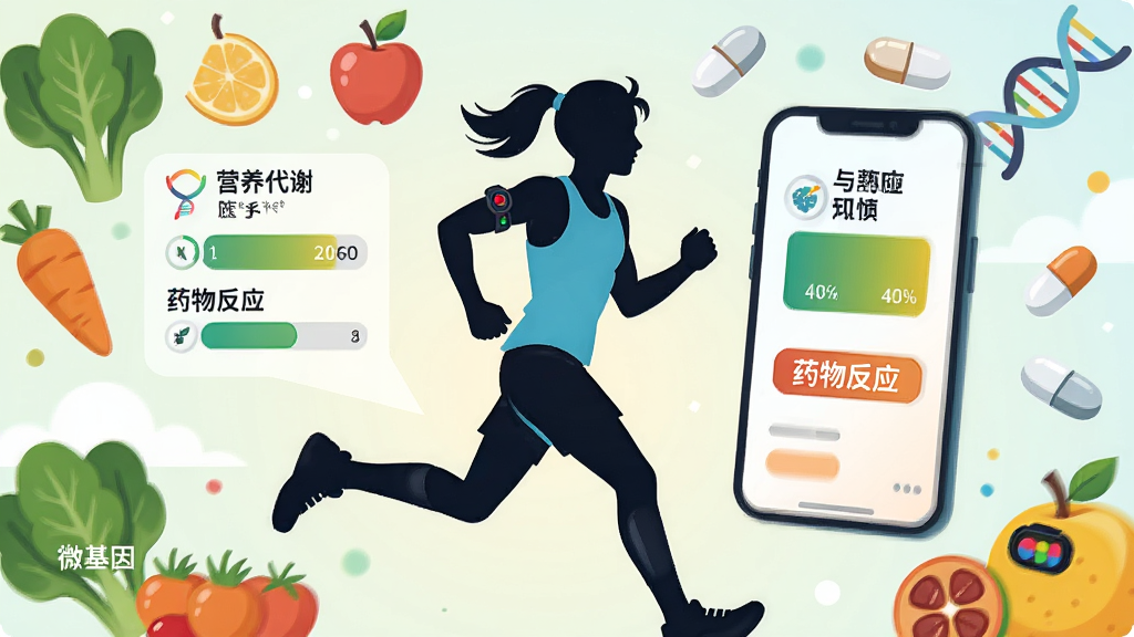 一张以营养运动与药物反应为主题的AI生图,主体为一位正在跑步的年轻人的剪影,旁边悬浮手机界面展示营养代谢条与药物反应标签,背景有蔬菜、水果、药片与DNA图标,布局为人物居中、元素环绕,风格为活力健康插画,细节包含“微基因”小字与运动手环,画质高清,画面干净,无多余元素。