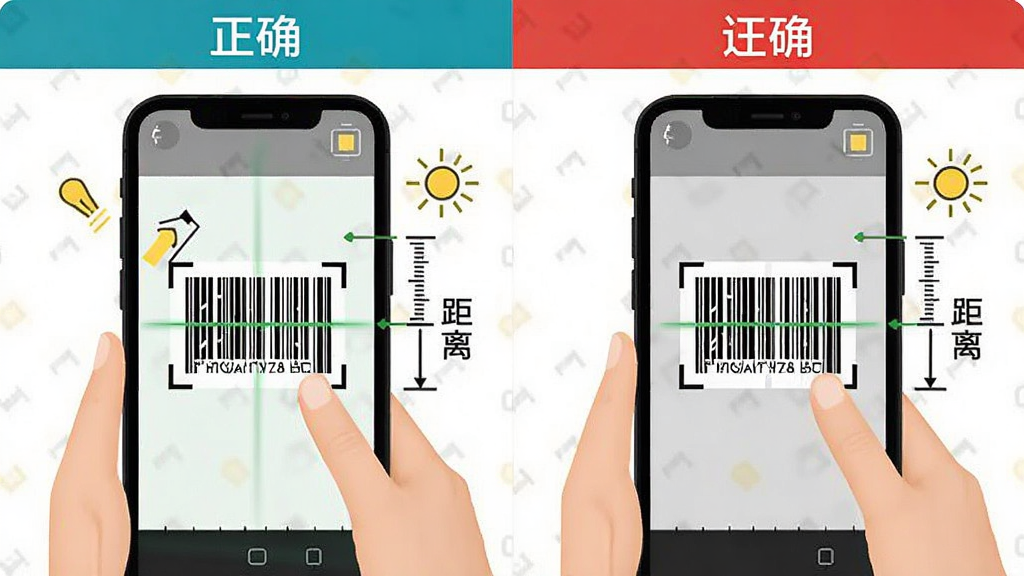 二维码条形码识别软件操作技巧示意图,主体为手机扫描条码的正确姿势与距离标注,布局为左右对比展示正确与错误示范,风格为教程图解风,细节包含角度标识、距离标尺、光线提示图标,画质清晰,画面干净,无多余元素