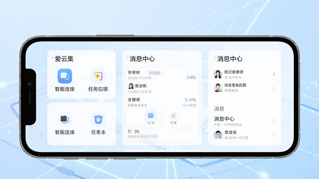 一张展示爱云集App核心界面的手机样机图,画面中央是爱云集主界面,包含智能连接、任务看板、消息中心等模块,背景为淡蓝色渐变科技感光效,布局简洁清晰,风格现代简约,细节上突出图标与卡片式设计,画质高清,干净无多余元素