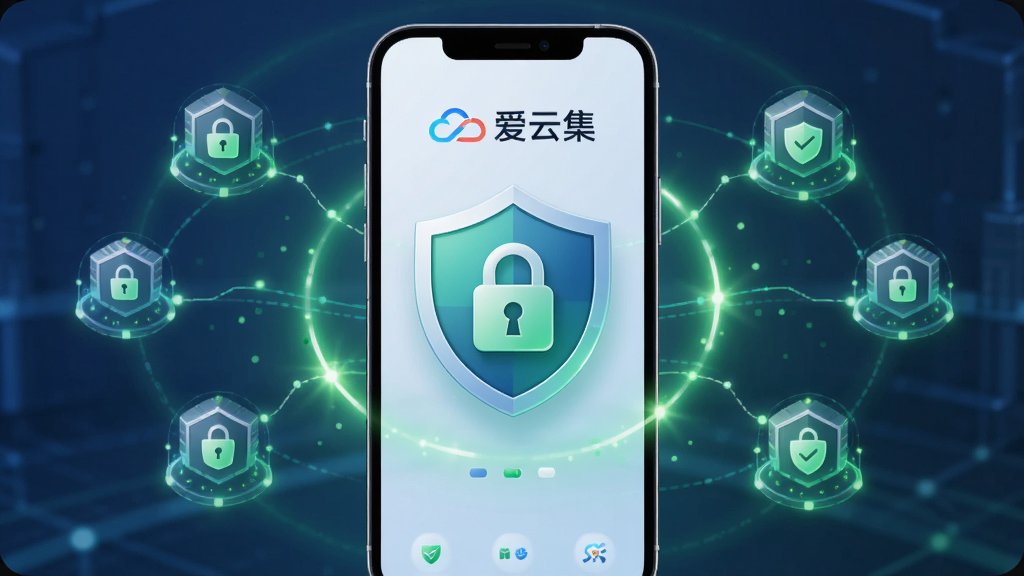 爱云集安全隐私守护概念图,画面中央是一个带有盾牌与锁形图标的手机界面,周围环绕着加密数据节点,布局居中对称,风格安全可靠,细节上体现“爱云集”标识与绿色安全光晕,画质清晰,干净无多余元素