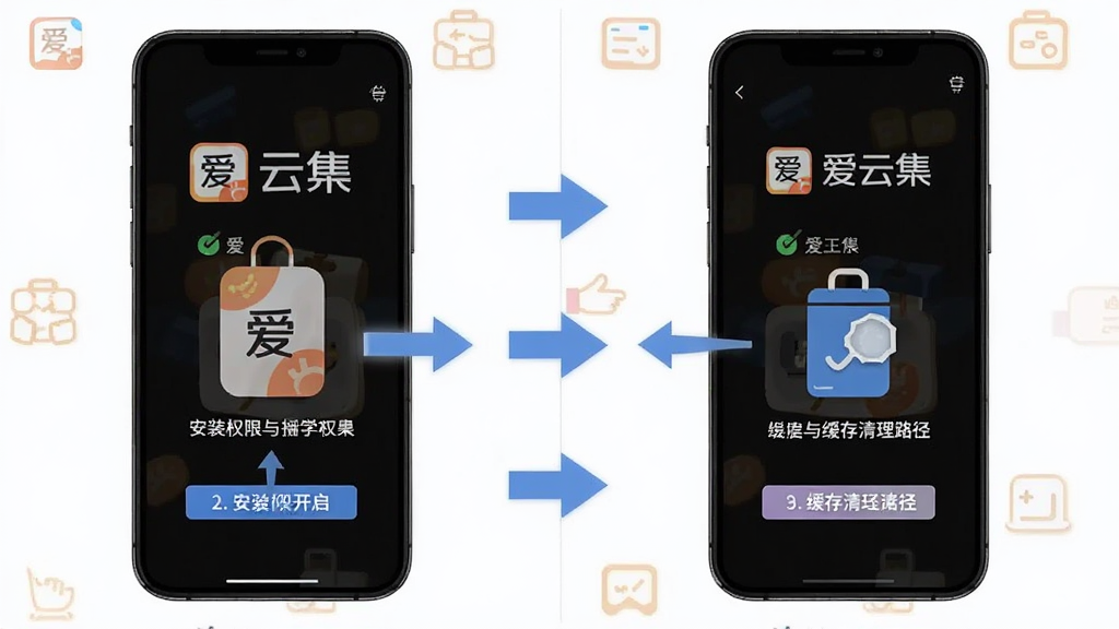 爱云集新手操作指引图,画面展示手机屏幕中分步提示安装权限开启与缓存清理路径,布局为上下分栏,风格扁平化教学风,细节上标注“爱云集”Logo与箭头指示,画质高清,干净无多余元素