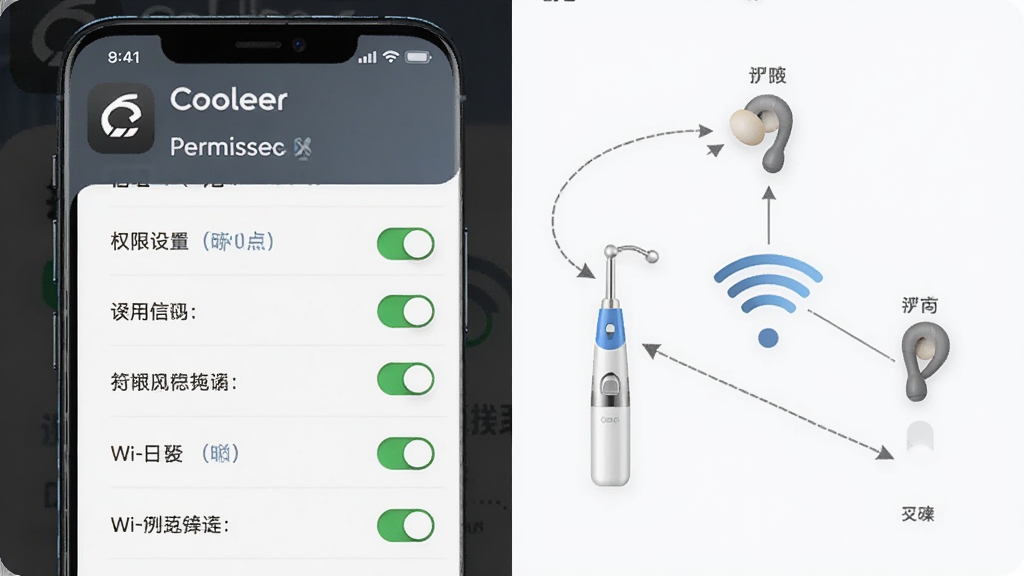 主体为手机屏幕显示Cooleer应用权限设置页面与Wi-Fi连接示意图,布局为左侧权限列表、右侧连接拓扑图,排版为左右分栏式信息图,风格为扁平化科技教程风,细节包含