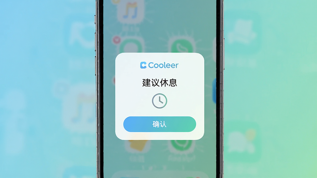 主体为手机界面弹出休息提醒弹窗,布局为手机屏幕居中、背景为柔和的蓝绿色渐变,排版为弹窗聚焦式构图,风格为友好温馨的UI设计展示风,细节包含弹窗中的