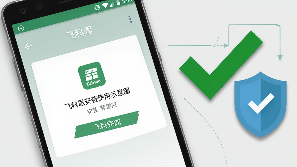 飞科思安装使用示意图,画面展示一部安卓手机屏幕上显示飞科思应用安装完成的提示界面,手机旁边放置一个绿色对勾图标与盾牌安全标识,背景为浅灰色,风格为简洁信息图风,细节包括手机边框与图标阴影,画质高清,干净无多余元素