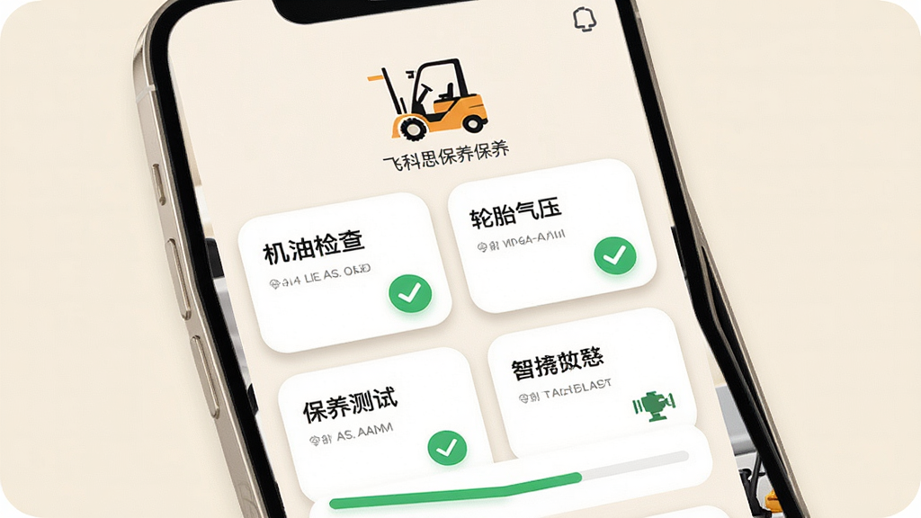 飞科思维护保养指引界面图,画面展示手机屏幕内飞科思应用的保养页面,页面顶部显示叉车保养图标,下方以卡片形式列出机油检查、轮胎气压、灯光测试等保养项目,每张卡片配有绿色对勾标记,背景为浅米色,风格为柔和圆角设计,细节包括卡片阴影与进度条,画质高清,干净无多余元素