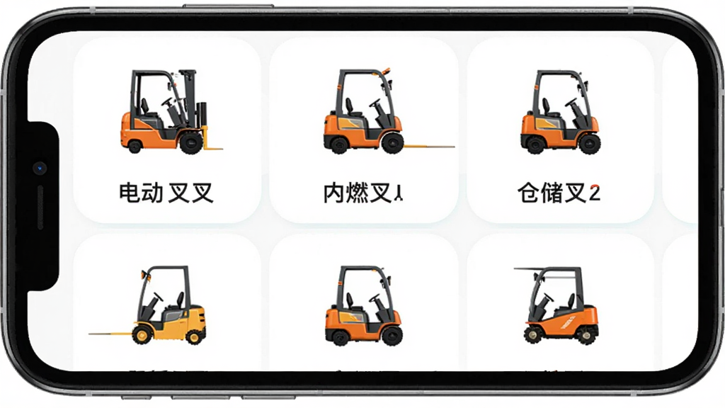 飞科思信息分类界面图,画面展示手机屏幕内飞科思应用的分类页面,页面以网格形式排列电动叉车、内燃叉车、仓储叉车等分类图标,每个图标下方配有文字标签,背景为白色,风格为极简清新风,细节包括图标圆角与浅色分隔线,画质高清,干净无多余元素