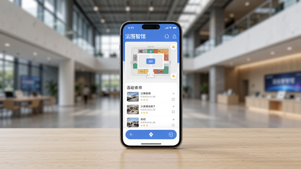 画面主体为一部智能手机,屏幕中显示“围智馆”应用界面,界面包含场馆地图、活动列表和导航按钮,手机放置在浅色木质桌面上,背景是虚化的现代场馆内部场景,整体布局居中,风格清新简洁,细节丰富,画质清晰,干净无多余元素