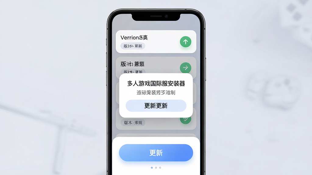 一张展示梦想之路:多人游戏国际服安装器多版本兼容与自动更新功能的示意图,主体是手机屏幕中显示版本列表和更新提示弹窗,布局采用上下结构,上方为版本卡片列表,下方为更新按钮,排版清晰,风格为柔和圆角卡片式设计,细节包括版本号标签、更新箭头图标、柔和的蓝色渐变按钮,画质高清,干净,无多余元素