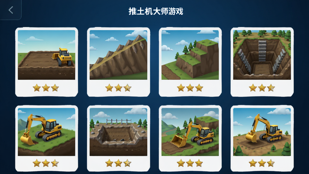 推土机大师游戏关卡选择界面,画面中显示多个不同地形的关卡缩略图,包括平地、山坡、基坑等场景,每个缩略图下方有星级评价,界面采用简洁的卡片式布局,背景为深蓝色渐变,风格干净现代,画质清晰