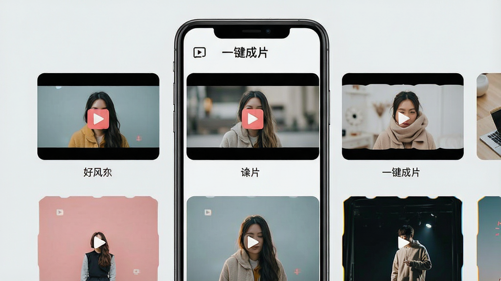 一张展示手机界面中视频模板选择页面的图片,页面上排列着多个不同风格的视频模板缩略图,每个模板下方标注类别名称,屏幕顶部显示