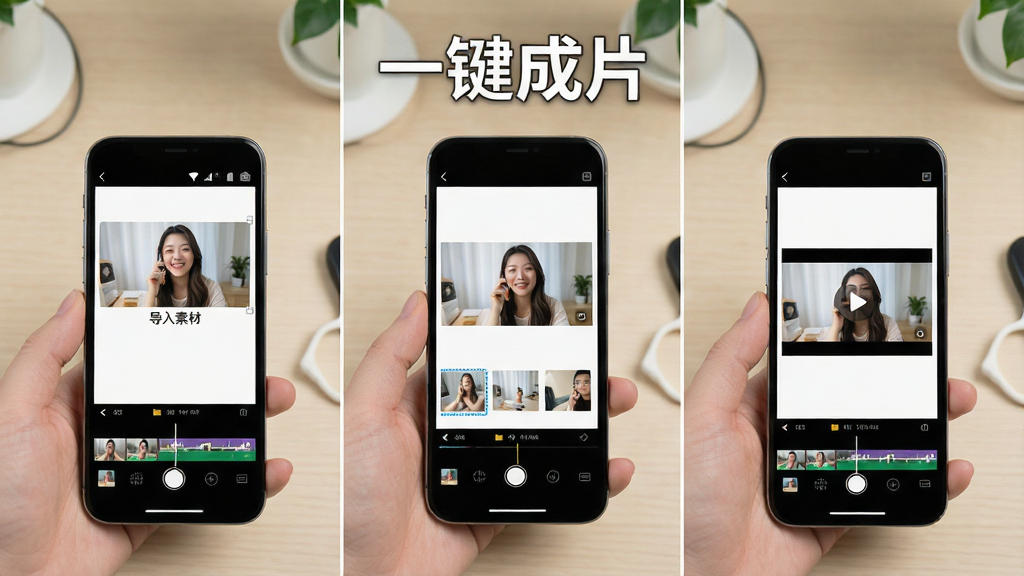 一张展示手机屏幕中视频编辑操作步骤的图片,画面分为三个区域分别展示导入素材、选择模板、导出视频的界面,屏幕上方显示