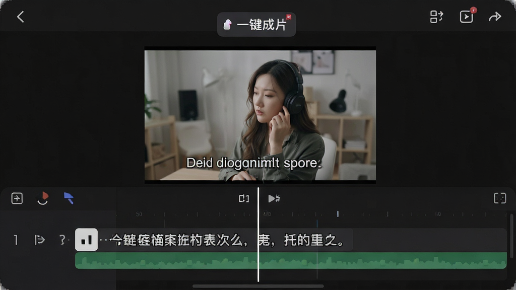 一张展示手机屏幕中字幕编辑界面的图片,界面中显示视频画面和下方字幕轨道,字幕文字清晰可见,屏幕上方有