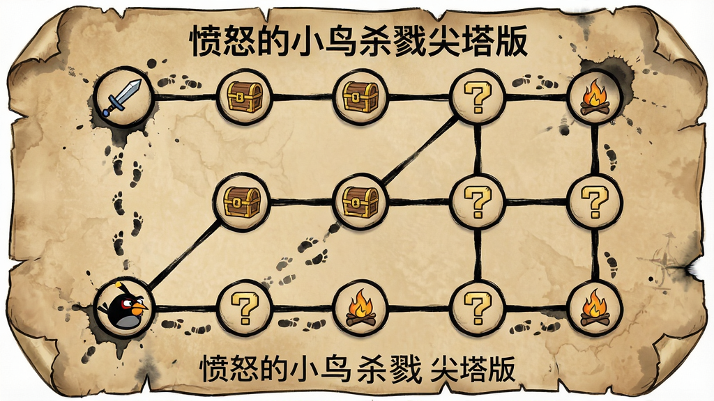 一张俯视视角的迷宫地图,地图由多个圆形节点和连接线组成,节点上标注着剑、宝箱、问号、篝火等图标,一只黑色的小鸟站在起点位置,主体为地图全貌,布局为居中展示,排版上节点错落有致,风格为羊皮纸复古手绘风,细节包括地图边缘的卷角、墨迹晕染、路径上的脚印痕迹,画质高清,干净,无多余元素,图片中打文字“愤怒的小鸟杀戮尖塔版”