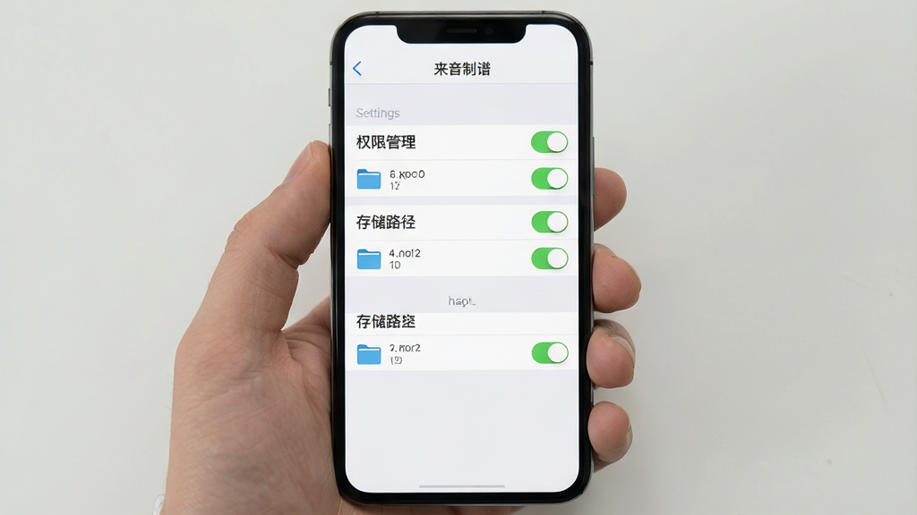 手机屏幕显示“来音制谱”的设置菜单界面,主体是权限管理列表与存储路径选项,布局为竖向列表,风格为扁平化设计,细节包含开关按钮与文件夹图标,画质高清,干净,无多余元素