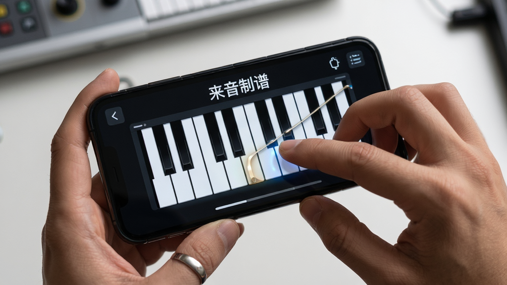 音乐制作场景,主体是一双正在操作手机屏幕的手,屏幕显示“来音制谱”的虚拟钢琴卷帘界面,布局为俯视特写,风格为写实生活风,细节包含指尖触控音符的瞬间与屏幕光效,画质清晰,干净,无多余元素