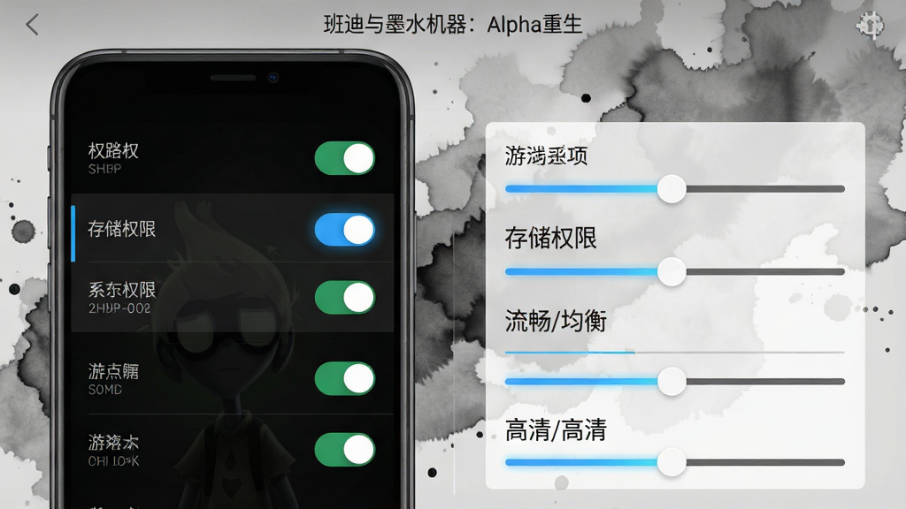一张手机游戏设置界面示意图,主体是手机的设置菜单与游戏画质选项并列展示,布局上左侧为手机系统权限开关、右侧为游戏内画质调节滑块,排版采用对比式双栏布局,风格为简洁科技风,细节包括高亮的“存储权限”开关、画质选项中的“流畅/均衡/高清”标签、背景中淡化的墨水纹理,画质高清干净无多余元素,画面中文字“班迪与墨水机器:Alpha重生”以灰色小字出现在顶部