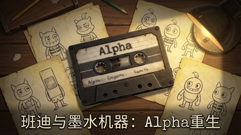 一张游戏剧情界面示意图,主体是一盘老式录音带与几张泛黄的设计手稿平铺在木桌上,布局采用俯视角度、物品错落摆放,排版上录音带位于视觉中心、手稿向四周散开,风格为复古做旧质感与悬疑氛围,细节包括录音带标签上模糊的“Alpha”字样、手稿上铅笔绘制的卡通角色草图、桌角一盏昏黄台灯投下的光晕,画质高清干净无多余元素,画面中文字“班迪与墨水机器:Alpha重生”以打字机字体出现在画面底部
