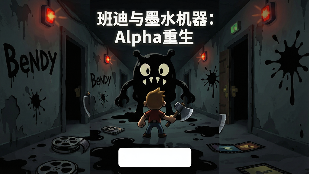 一张竖版手机游戏宣传图,主体是复古卡通风格的墨水怪物从黑暗走廊尽头缓缓走出,画面中央站着一位手持斧头的卡通角色背影,布局上怪物位于画面深处形成压迫感,近景地面铺满黑色墨水与散落的动画胶片,排版采用游戏标题在上方居中、下方留白放下载按钮区域,风格为暗黑复古美式卡通与恐怖氛围融合,细节包括墙壁上斑驳的“Bendy”涂鸦、闪烁的应急灯、墨水飞溅的痕迹,画质高清干净无多余元素,画面中文字“班迪与墨水机器:Alpha重生”为白色粗体带轻微发光效果