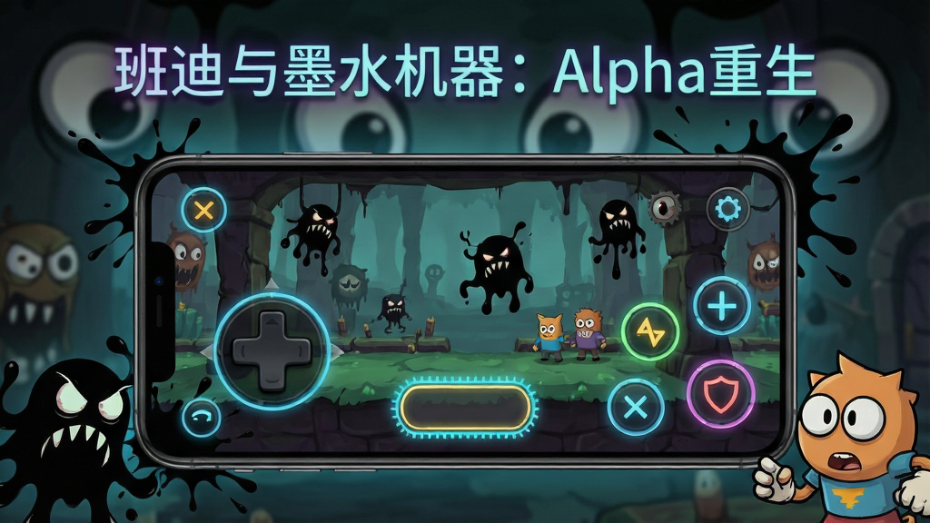 一张手机游戏操作界面展示图,主体是一部横屏手机正在运行游戏,屏幕上显示虚拟摇杆与交互按钮,布局上手机居中、周围环绕游戏内的墨水怪物与卡通角色元素,排版采用产品展示风格,风格为科技感与恐怖元素结合,细节包括手机边缘的墨水飞溅特效、按钮的高亮反馈光效、背景中若隐若现的卡通眼睛,画质高清干净无多余元素,画面中文字“班迪与墨水机器:Alpha重生”以霓虹灯字体出现在手机上方