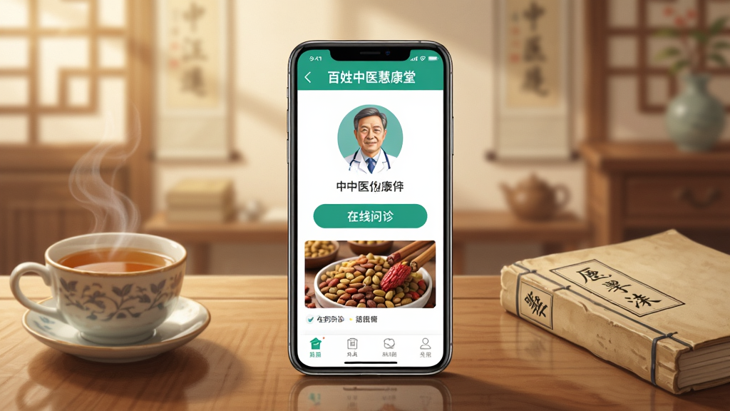 画面主体为一部智能手机,手机屏幕显示百姓中医慧康堂应用界面,界面中包含中医师头像、在线问诊按钮、中药颗粒图片等元素,手机放置在一张木质桌面上,桌面旁边有一杯热茶和一本中医典籍,背景为柔和暖色调的中式书房风格,布局采用中心构图,风格为写实插画,细节上突出手机屏幕内容清晰可见,画质高清,干净,无多余元素