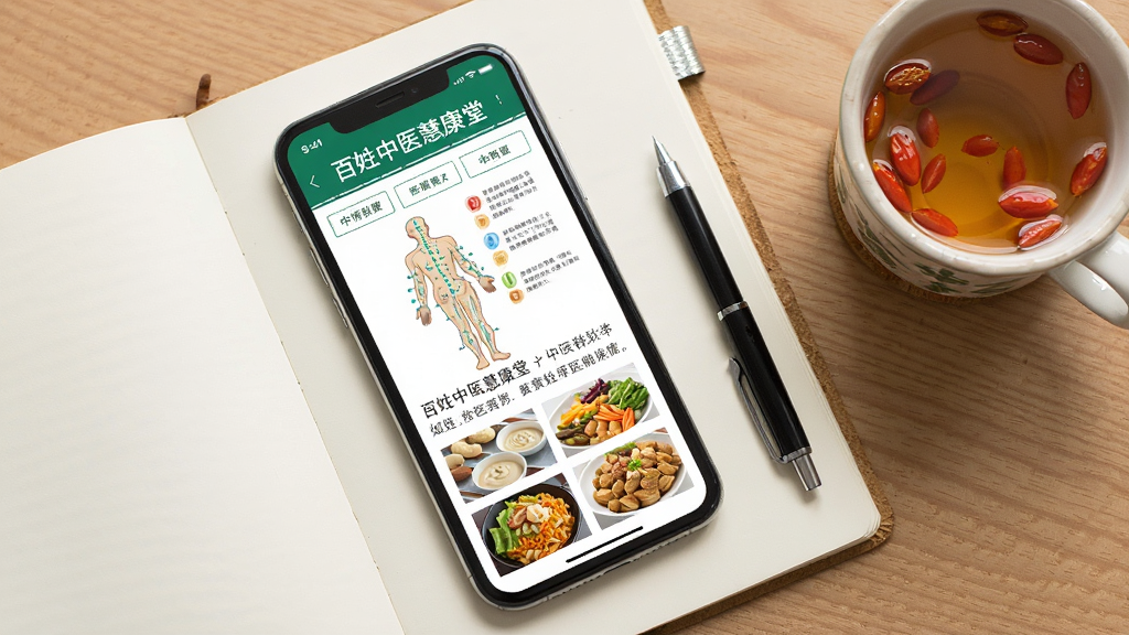 手机屏幕显示百姓中医慧康堂的中医科普文章页面,文章配有人体穴位图和食疗食谱图片,手机斜放在一本翻开的笔记本上,旁边有一支笔和一杯枸杞茶,背景为书桌场景,布局采用俯拍视角,风格为清新简约,细节上突出文章内容的专业性和可读性,画质高清,干净,无多余元素