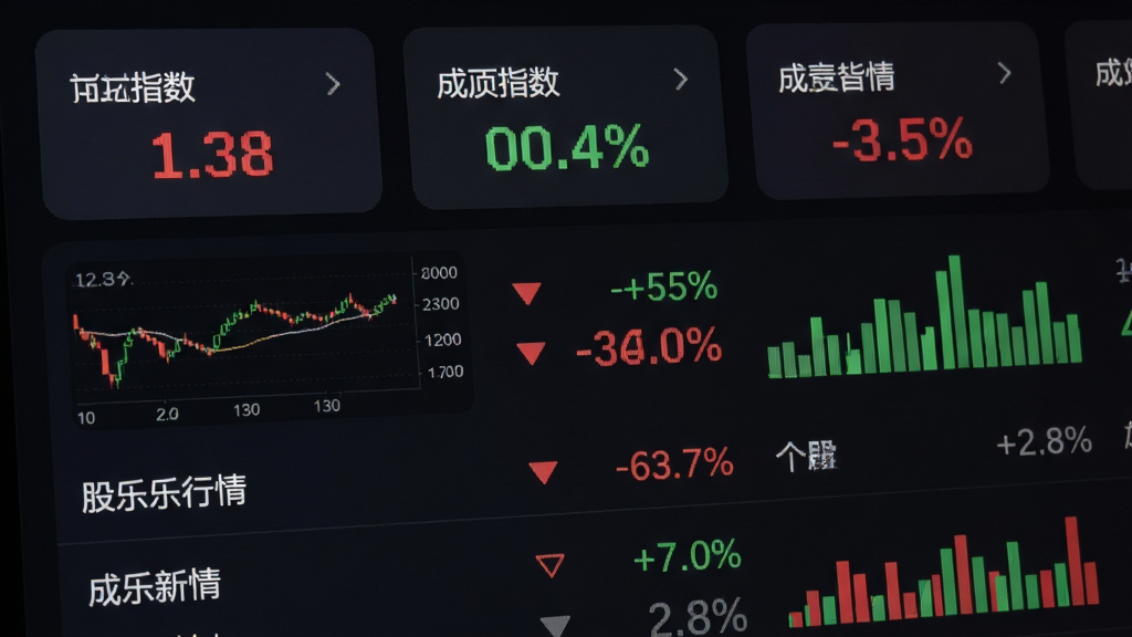 主体是股乐乐实时行情页面特写,布局为上方指数卡片下方个股列表,排版左对齐纵向排列,风格为深色背景搭配红绿高亮数字,细节包括分时线缩略图、涨跌幅百分比、成交量柱状条,画质清晰,画面干净,无多余元素,图片中文字标注