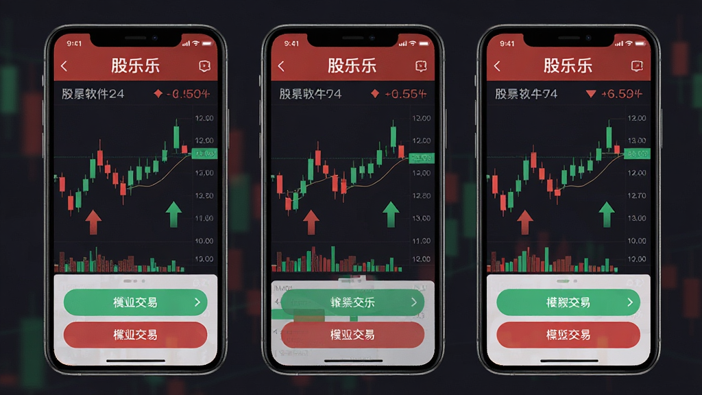 主体是股乐乐软件的手机界面展示,布局为三台手机并排摆放,屏幕中显示红绿相间的股票行情图表和模拟交易按钮,排版居中且错落有致,风格为现代科技感扁平化设计,细节包括K线图、涨跌箭头、数字跳动效果,画质高清,画面干净,无多余元素,图片中文字标注