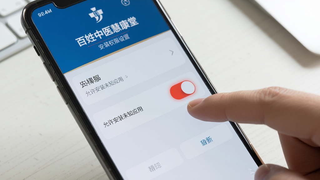 一部手机展示百姓中医慧康堂的安装权限设置界面,界面中有“允许安装未知应用”的开关按钮,手机旁边有一只手正在点击屏幕,背景为简洁的桌面,布局采用特写构图,风格为写实摄影,细节上突出开关按钮的红色高亮状态,画质高清,干净,无多余元素