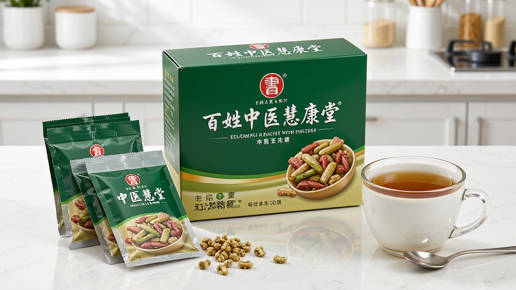 画面中央展示一盒百姓中医慧康堂的中药颗粒包装盒,盒子旁边摆放着几袋独立包装的颗粒剂和一杯冲泡好的药汤,背景为干净明亮的厨房台面,布局采用产品展示式构图,风格为商业摄影,细节上突出包装的质感和药汤的色泽,画质高清,干净,无多余元素