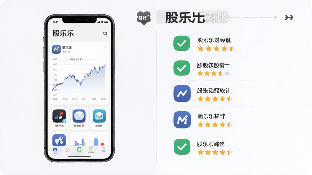 主体是股乐乐与其他炒股软件对比展示图,布局为左右分栏左边手机界面右边功能列表,排版清晰对称,风格为商务简约浅色系,细节包括对勾图标、星级评分、软件图标,画质高清,画面干净,无多余元素,图片中文字标注