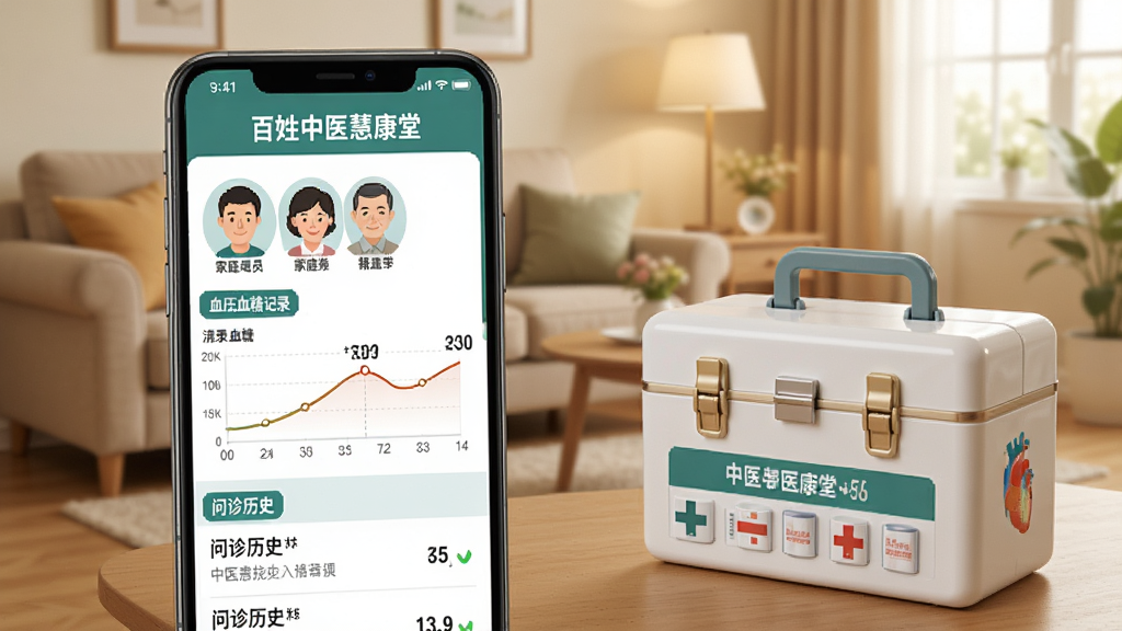 一部手机屏幕显示百姓中医慧康堂的健康档案页面,页面上有家庭成员头像、血压血糖记录曲线图、问诊历史列表等元素,手机旁边放着一个家庭医药箱,背景为温馨的家居客厅,布局采用生活化场景构图,风格为写实插画,细节上突出屏幕数据的清晰度和家庭氛围,画质高清,干净,无多余元素