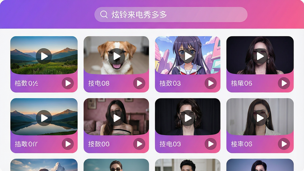 一个手机应用界面截图风格画面,中央是分类网格布局展示多个视频缩略图,缩略图包含风景、宠物、动漫、明星等不同主题,顶部搜索栏写着
