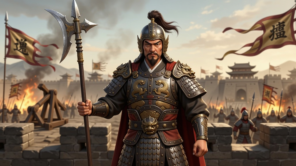 画面主体为一位身披铠甲的古代三国武将手持长戟站在城楼之上,背景是烽火连天的战场与雄伟的城池,布局采用中心构图,武将位于画面正中,风格为中国风写实CG插画,细节包括铠甲纹路、飘扬的旗帜、远处的投石车与士兵剪影,画质为高清4K,干净无多余元素,画面中不出现任何文字