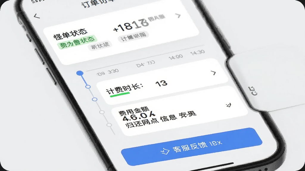 手机屏幕显示怪兽赤兔订单详情页面,页面中有订单状态卡片、计费时长、费用金额、归还网点信息,下方有客服反馈按钮,背景为浅灰色,风格为简洁卡片式布局,细节包含时间轴、金额数字、状态标签,画质清晰干净,排版整齐,无多余元素