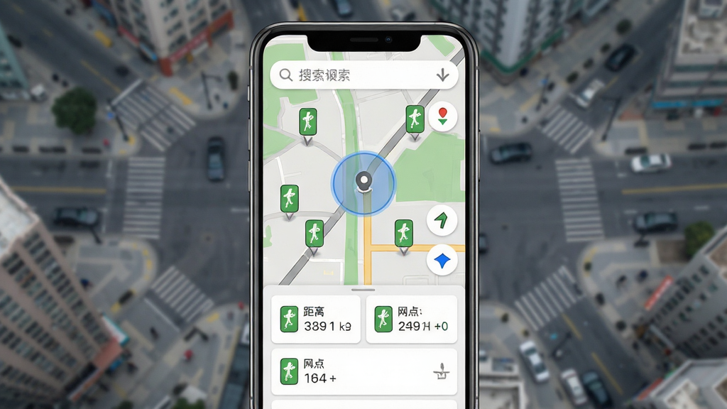 手机屏幕展示怪兽赤兔地图界面,地图上标注多个充电宝网点图标,屏幕上方有搜索栏,下方为网点列表卡片,卡片中显示距离与可借数量,背景为城市街道俯瞰图,风格为扁平化地图设计,细节包含定位光圈、导航箭头、充电宝小图标,画质清晰干净,整体布局上下结构,无多余元素