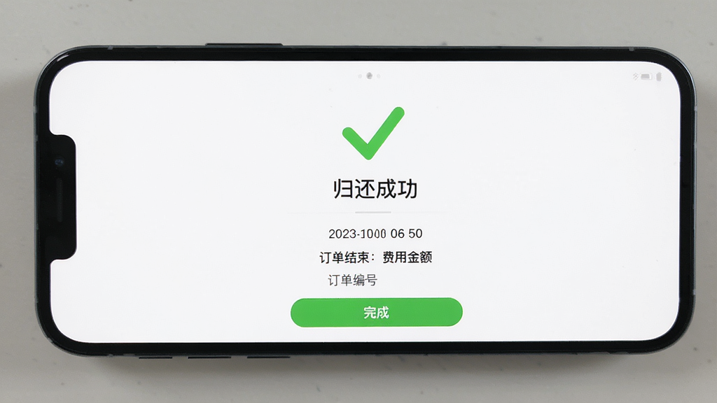 手机屏幕展示怪兽赤兔归还成功页面,页面中央有绿色对勾图标与“归还成功”字样,下方显示订单已结束与费用金额,背景为白色,风格为简洁清爽风,细节包含时间戳、订单编号、完成按钮,画质清晰干净,排版居中,无多余元素