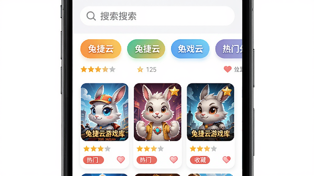 兔捷云游戏库分类检索页面,主体为手机竖屏展示游戏分类网格,布局为顶部搜索框、中部横向分类标签、下方游戏封面列表,排版紧凑有序,风格为明亮卡片式设计,细节包含星级评分、热门标签、收藏心形图标,画质清晰,干净,无多余元素